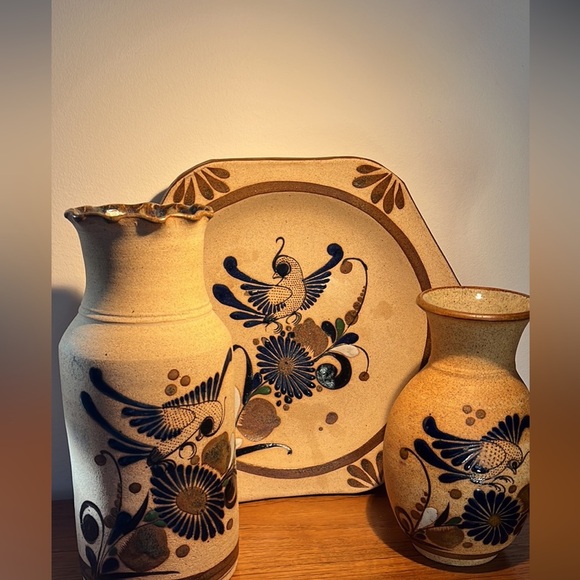 VINTAGE Tonala MEXICAN POTTERY Hexagon BIRD Toucan WALL PLATE BOWL Blue 10". - Picture 2 of 9
